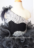 One Shoulder Feather Beaded Bodice Black Cupcake Pageant Dress - CupcakePageantDress