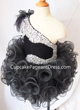 One Shoulder Feather Beaded Bodice Black Cupcake Pageant Dress - CupcakePageantDress