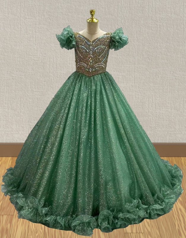 green glitz pageant dress Green One-Shoulder cupcake Pageant Dress with AB Ruffles for Little Girls
