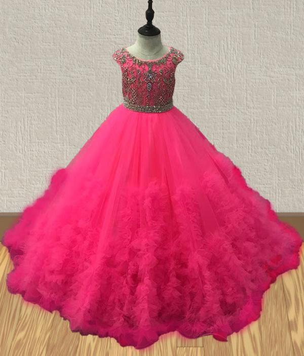 Cap Sleeve Hot Pink Little Girls Evening Gown - CupcakePageantDress