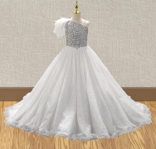 Glitz Beaded Bodice Flower Girl White Evening Gown - CupcakePageantDress