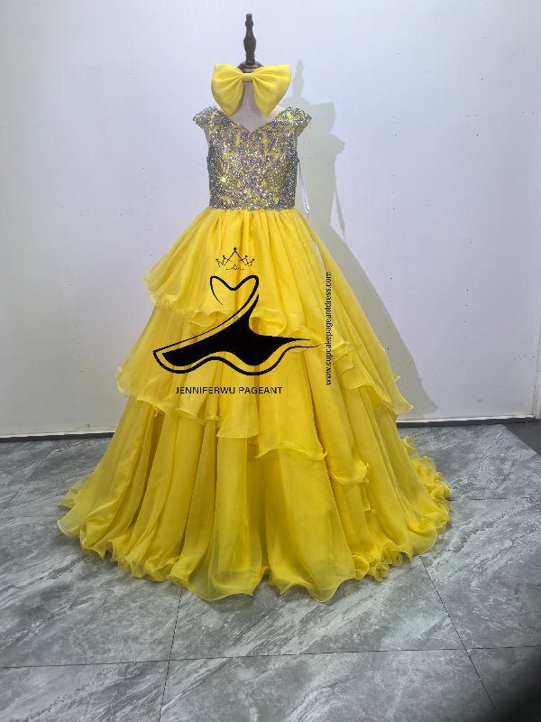 Custom Little Girls Yellow Glitz Pageant Dress with Beaded Bodice - CupcakePageantDress