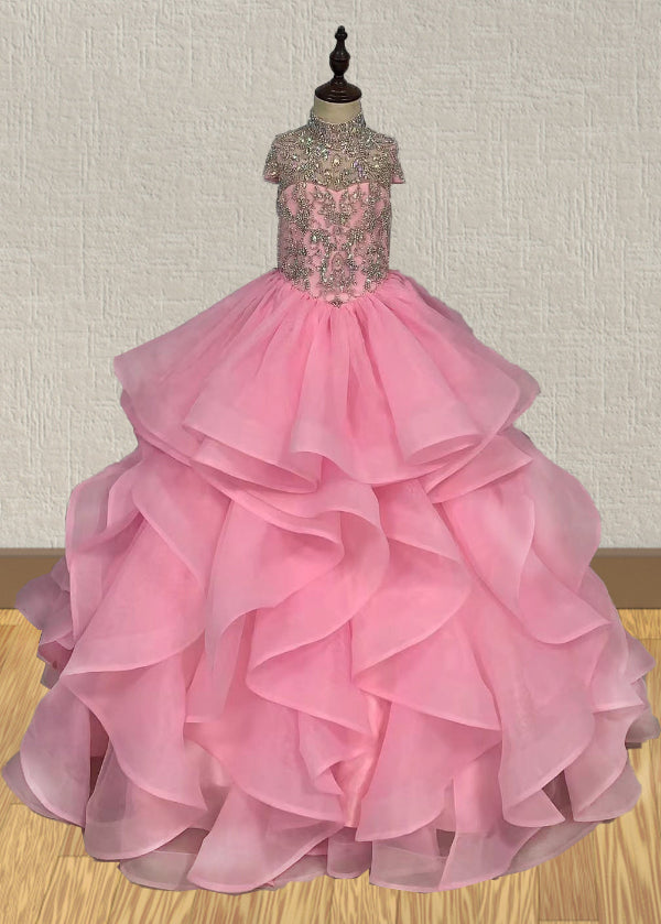 Young Girls Pink Pageant dress with Glitz Beaded Bodice