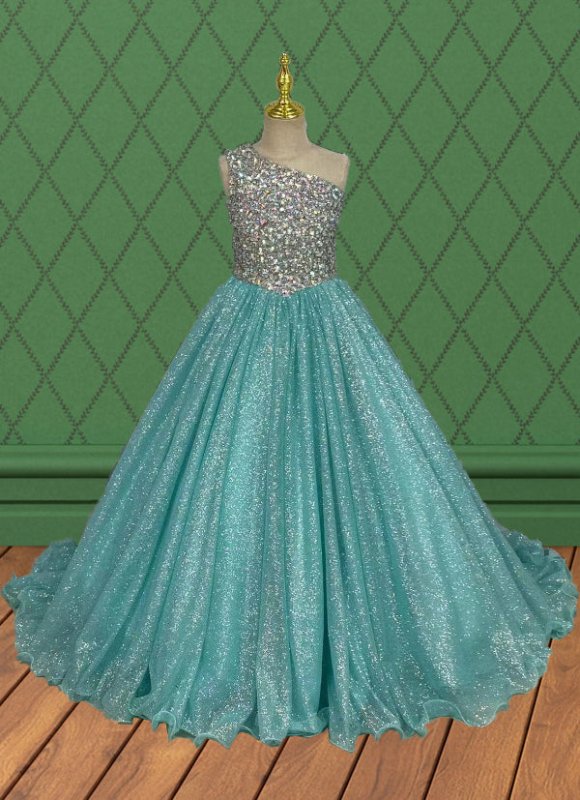 Little Girls One Shoulder Pageant Dress with Sparkly Beaded Bodice - CupcakePageantDress