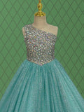 Little Girls One Shoulder Pageant Dress with Sparkly Beaded Bodice - CupcakePageantDress