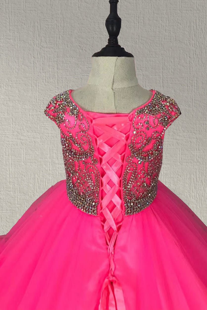 Cap Sleeve Hot Pink Little Girls Evening Gown - CupcakePageantDress