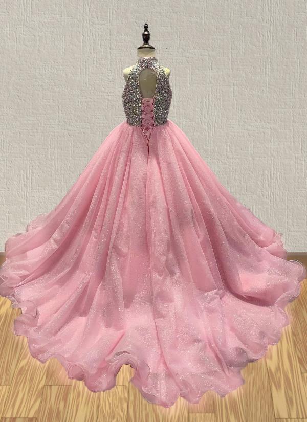 Halter Beaded Bodice Stunning Little Girls Evening Gown - CupcakePageantDress