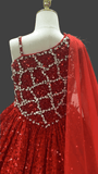 Glitzly Beaded Bodice Red Formal Pageant Dress with Detachable Cape - CupcakePageantDress