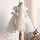 White Floral Lace Baby Girl Baptism Dress with Side Satin Bows - CupcakePageantDress