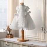 White Floral Lace Baby Girl Baptism Dress with Side Satin Bows - CupcakePageantDress