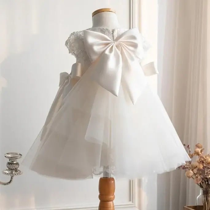 White Floral Lace Baby Girl Baptism Dress with Side Satin Bows - CupcakePageantDress