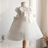 White Floral Lace Baby Girl Baptism Dress with Side Satin Bows - CupcakePageantDress