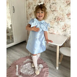 Light Blue Satin Dress with Chic Bow Collar and Pearl Embellishments - CupcakePageantDress