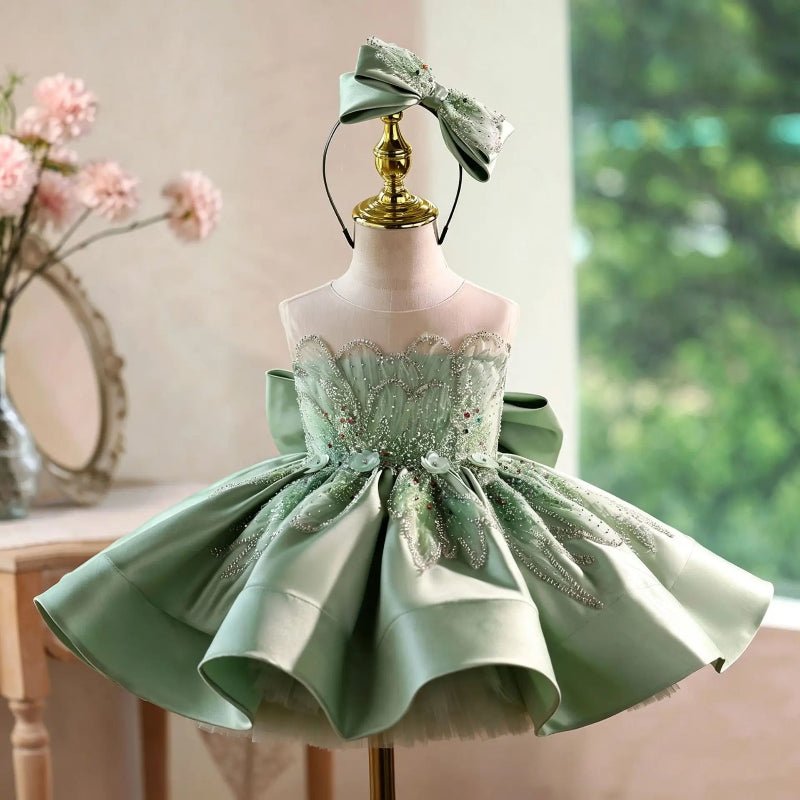 Elegant Sage Green Beaded Flower Girl Dress with Matching Headband - CupcakePageantDress