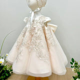 Elegant Light Pink Baby Christening  Dress withSilver Embroidery
