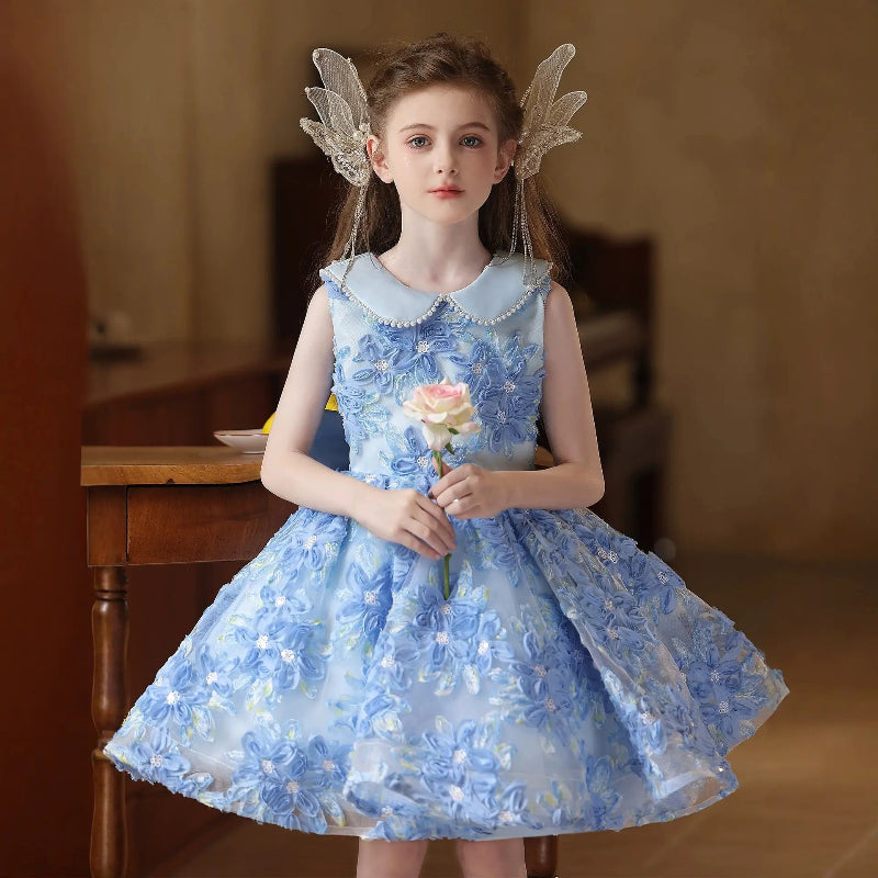 Elegant Back View of Girl in Floral Dress and Winged Accessory