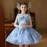 Elegant Back View of Girl in Floral Dress and Winged Accessory