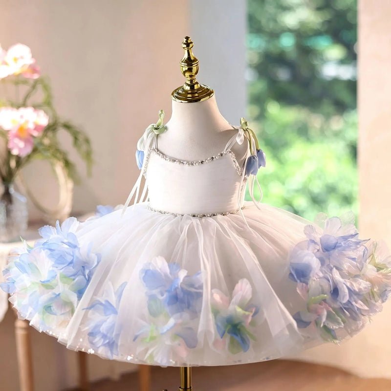 Elegant White & Pastel Blue Flower Girl Princess Dress