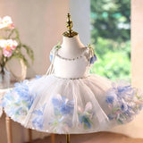 Elegant White & Pastel Blue Flower Girl Princess Dress
