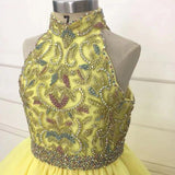 Full Handmade Little Girl Halter Beaded Bodice Floor - Long Yellow Pageant Gown - CupcakePageantDress