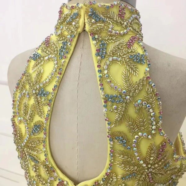 Full Handmade Little Girl Halter Beaded Bodice Floor - Long Yellow Pageant Gown - CupcakePageantDress