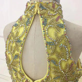 Full Handmade Little Girl Halter Beaded Bodice Floor - Long Yellow Pageant Gown - CupcakePageantDress