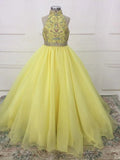 Full Handmade Little Girl Halter Beaded Bodice Floor - Long Yellow Pageant Gown - CupcakePageantDress