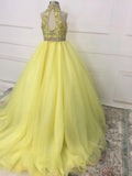 Full Handmade Little Girl Halter Beaded Bodice Floor-Long Yellow Pageant Gown