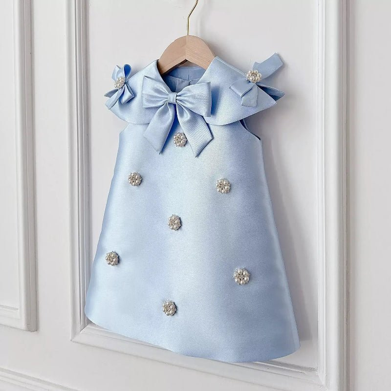 Light Blue Satin Dress with Chic Bow Collar and Pearl Embellishments - CupcakePageantDress