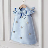 Light Blue Satin Dress with Chic Bow Collar and Pearl Embellishments - CupcakePageantDress