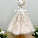 Elegant Light Pink Baby Christening  Dress withSilver Embroidery