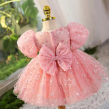 Pink Sparkly Princess Dress for Toddler Girls with Puff Sleeve - CupcakePageantDress