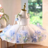 Elegant White & Pastel Blue Flower Girl Princess Dress