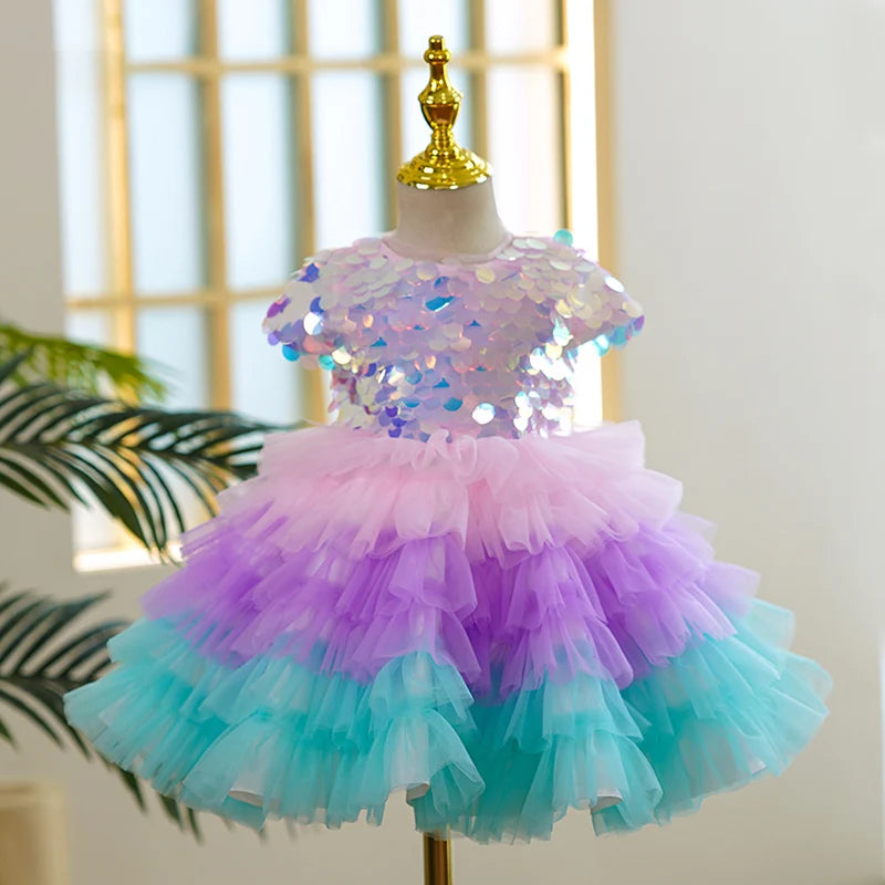Sparkling Mermaid Rainbow Sequin Party Dress for Girls