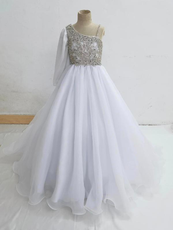 Stunning Little Girl One Shoulder Sparkly Ball Gown - CupcakePageantDress