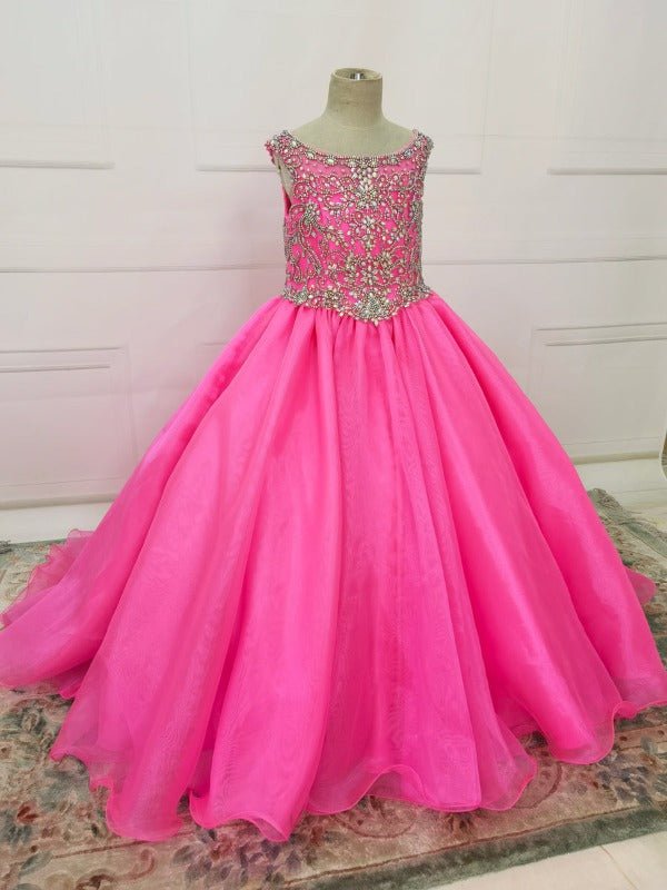 Fuchsia A Line Beaded Bodice Full - long Little Girl Pageant Gown - CupcakePageantDress
