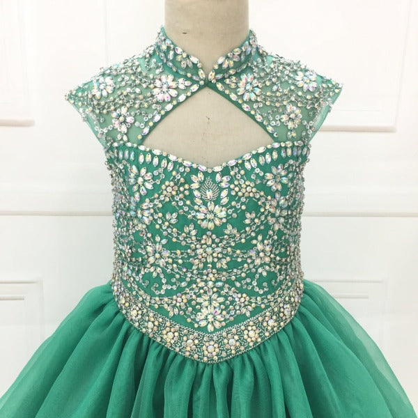 Custom Cap Sleeve AB Beaded Bodice Child Long Pageant Gown