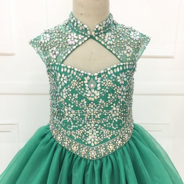 Custom Cap Sleeve AB Beaded Bodice Child Long Pageant Gown - CupcakePageantDress