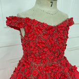 Off Shoulder Lace Flower Littel Child Red Pageant Gown