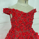 Off Shoulder Lace Flower Littel Child Red Pageant Gown - CupcakePageantDress