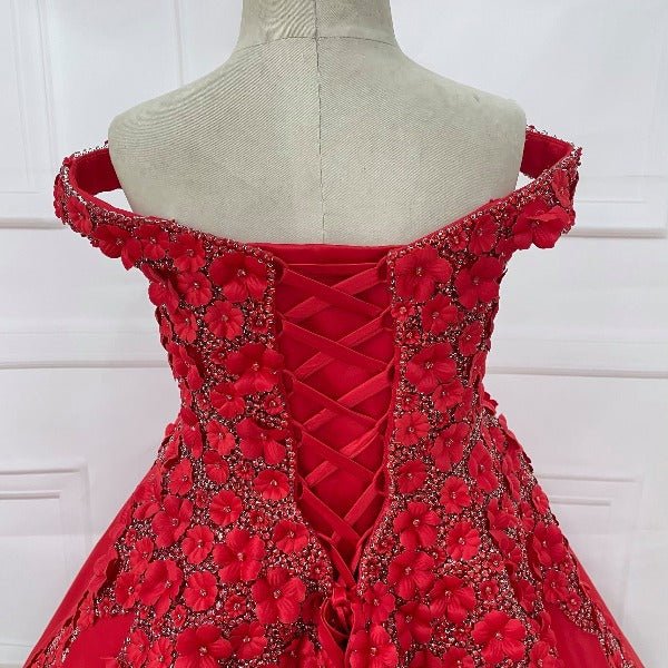 Off Shoulder Lace Flower Littel Child Red Pageant Gown - CupcakePageantDress