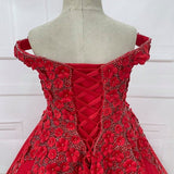 Off Shoulder Lace Flower Littel Child Red Pageant Gown - CupcakePageantDress