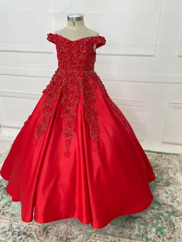 Off Shoulder Lace Flower Littel Child Red Pageant Gown - CupcakePageantDress