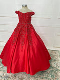 Off Shoulder Lace Flower Littel Child Red Pageant Gown - CupcakePageantDress