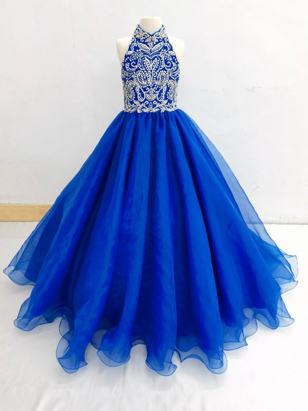 Halter Beaded Bodice Teen Floor Royal Blue Long Pageant Dress