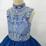 Heavy Beaded Bodice Little Girl Long Roayl Pageant Gown with Train