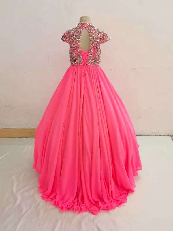 Hot Pink Little Girl Glitz Beaded Bodice Cap Sleeve Long Pageant Dress