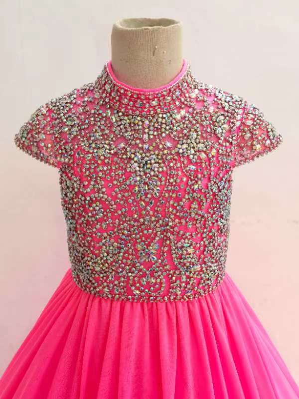 Hot Pink Little Girl Glitzy Beaded Bodice Cap Sleeve Long Pageant Dress - CupcakePageantDress