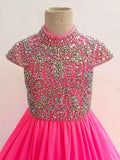 Hot Pink Little Girl Glitzy Beaded Bodice Cap Sleeve Long Pageant Dress - CupcakePageantDress