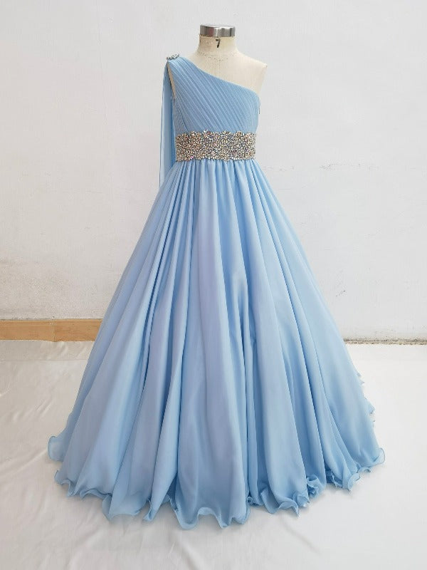 Glitz Beaded Bodice Child Sky Blue Ruffler Elegant Formal Gown